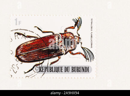 SEATTLE, Washington - 5. Oktober 2019: Tetralobus flabellicornis Käfer auf Republik Burundi Briefmarke, mit kopieren. Scott Nr. 307 Stockfoto