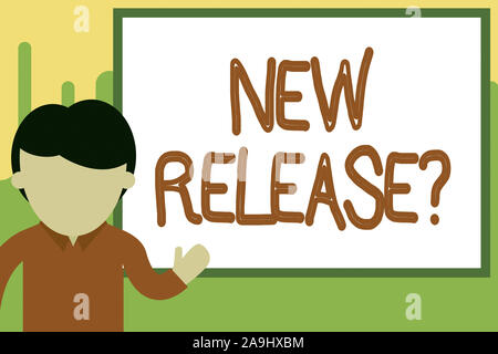 Wort schreiben Text Neue Version Frage. Business Foto zur Schau stellen Fragen über das jüngste Produkt oder Service neu unleashed jungen Mann, der vor w Stockfoto