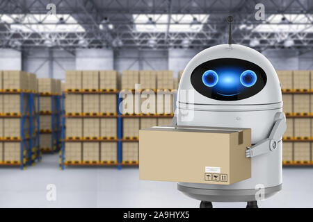 3D-rendering Android Roboter in Lager mit Karton Stockfoto
