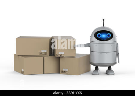3D-rendering Android Roboter in Lager mit Karton Stockfoto