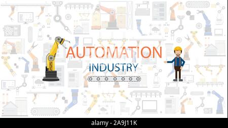 Automatisierung Industrie-Konzept mit Roboter und Maschinen flache Design Vector Illustration Stock Vektor