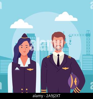 Cartoon Air Hostess und Pilot über Stadt Gebäude Landschaft Hintergrund Stock Vektor