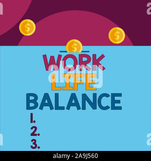 Handschrift text Work Life Balance. Konzeptionelle foto Aufteilung der Zeit zwischen Beruf oder Familie und Freizeit Vorderansicht schließen bis drei Cent Münzen Symbol Stockfoto
