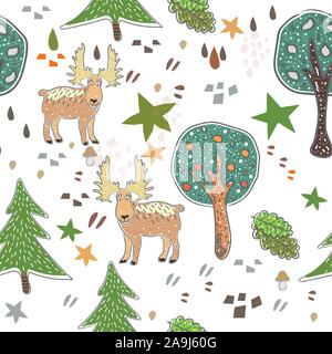 Nahtlose Muster mit niedlichen hand Elche gezeichnet. Im skandinavischen Stil. Stock Vektor