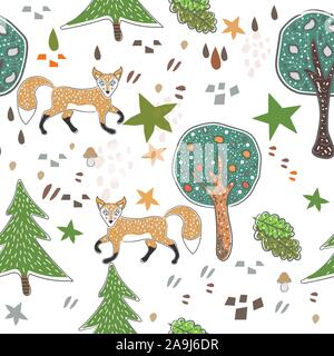 Nahtlose fox Muster mit niedlichen Bäume, Sterne, Füchse und abstrakte Formen. Niedlich, im skandinavischen Stil. Stock Vektor
