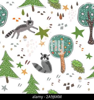 Nahtlose Waschbär Muster mit niedlichen Bäume, Sterne und abstrakte Formen. Niedlich, im skandinavischen Stil. Vector Illustration Stock Vektor