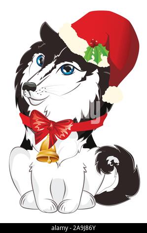 Cartoon Siberian husky mit Weihnachtsmütze, Süße Weihnachten Hund. Stock Vektor
