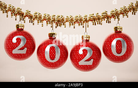 Anzahl 2020 rote Christbaumkugeln. 3D-Darstellung. Stockfoto