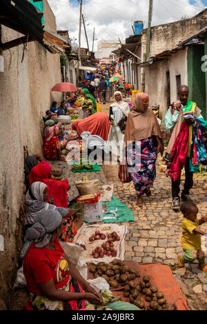 Äthiopien, Osten Hararghe, Harar, Harar Jugol, alte Stadtmauer, Frauen verkaufen Gemüse in engen Straße Stockfoto