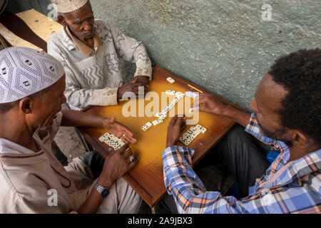 Äthiopien, Osten Hararghe, Harar, Harar Jugol, alte Stadtmauer, Feres Magala, altes Kino, Männer Domino spielen Stockfoto