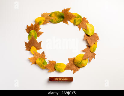 Herbst Komposition. Kranz aus Blättern auf grauem Hintergrund. Herbst, Herbst, Thanksgiving Day Konzept. Flach, Ansicht von oben, kopieren Raum Stockfoto