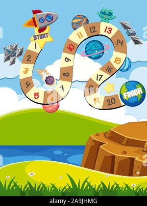 Brettspiel design Vorlage mit Raketen und Planeten Abbildung Stock Vektor