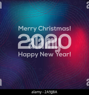 2020 Silvester, Weihnachten mit Rotwild, Luftballons, Sterne, Süßigkeiten. Gewellt, geometrischen Hintergrund, moderne Gradient, gebogene Form, in Blau und Rot gehalten. Stockfoto