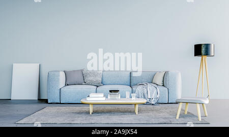 Modernes Interieur aus Wohnzimmer mit italienischen Möbeln, blaue Farbe Thema, Mock-up-Wand, 3D-Rendering Stockfoto