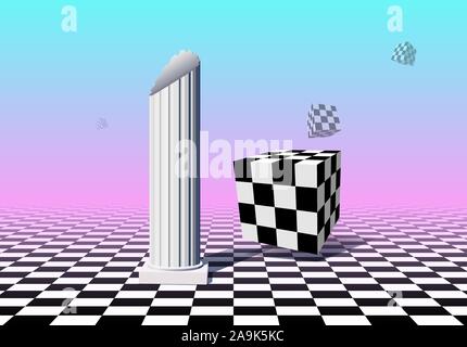 Schwarz-weiß karierten Würfel fliegen über karierten Boden mit Säule, rosa und blauen Gradienten Hintergrund in vaporwave Ästhetische Stock Vektor