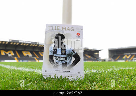 Nottingham, UK. 16. Nov 2019. Match-Tag Programm während der Vanarama nationalen Liga Match zwischen Notts County und Barrow am Meadow Lane, Nottingham am Samstag, den 16. November 2019. (Credit: Jon Hobley | MI Nachrichten) Editorial nur mit der Credit: MI Nachrichten & Sport/Alamy leben Nachrichten Stockfoto