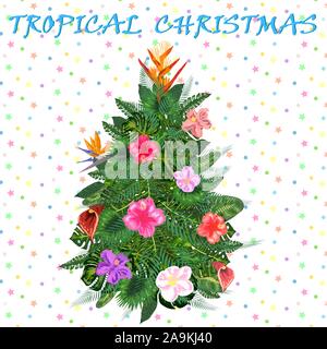 Tropische Weihnachten. Weihnachtsbaum aus tropischen Palmen Blätter und monstera Stock Vektor