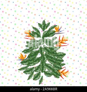 Tropische Weihnachten. Weihnachtsbaum aus tropischen Palmen Blätter und monstera Stock Vektor