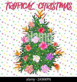 Tropische Weihnachten. Weihnachtsbaum aus tropischen Palmen Blätter und monstera Stock Vektor