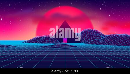 Alte geheimnisvolle Pyramide in 80 s neon Landschaft mit violetten Himmel, Sonne und blauen Berge in retrowave oder synthwave Grafik im Stil Stock Vektor