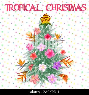 Tropische Weihnachten. Weihnachtsbaum aus tropischen Palmen Blätter und monstera Stock Vektor