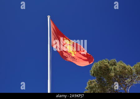 Flagge/Wappen von Valletta, die Hauptstadt von Malta, Wellen auf Wind über Grüner Baum, gegen den blauen Himmel. Stockfoto