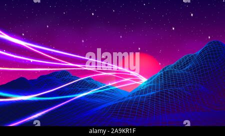 80 s synthwave gestaltete Landschaft mit Laser neon Linien oder Spuren über Blue grid Berge und Sonne über Canyon Stock Vektor