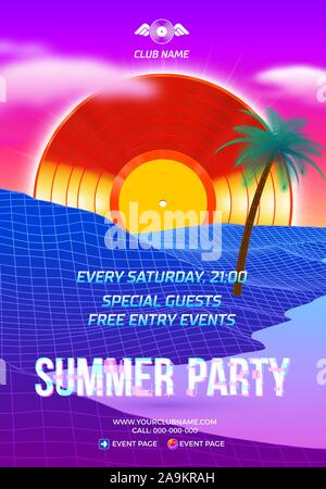 Beach Party Poster für Clubbing Tanz Veranstaltung mit 80s Retro oder Synth Wave style und Palmen. Stock Vektor