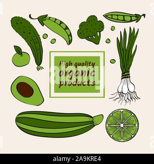 Hochwertige Bio-produkte Poster. Hand grüne Früchte und Gemüse mit Beschriftung erstellt. Farbige Vektor illustartion. Stock Vektor