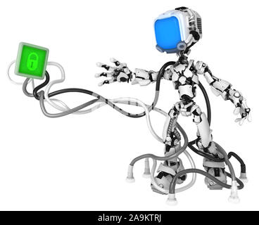 Bildschirm Roboter Abbildung Charakter Stellen außerhalb der Reichweite gesperrt Pad verkabelt, 3D-Darstellung, horizontal, isoliert Stockfoto