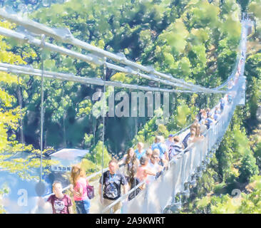 Aquarell Abbildung: Blick auf die Mittelstation der Titan suspension Brücke über die Rappbode Tal, mit vielen Menschen Stockfoto