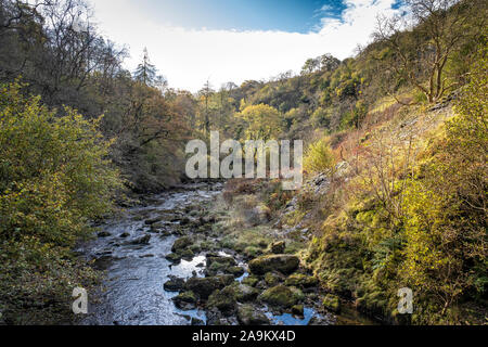 Ruhiger Fluss, der durch eine üppige, felsige Landschaft mit herbstlichen Bäumen unter klarem Himmel fließt. Stockfoto