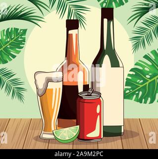 Whisky und Wein Flaschen mit Bier Glas und Soda kann über tropische Blätter und Retro Stil Hintergrund Stock Vektor