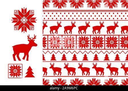 Nordic eingestellt. Rot auf Weiß nahtlose Muster mit Textur winter Pullover. Vector lieferbar Abbildung: Rotwild vintage Ornament. Surface design Weihnachten Stock Vektor