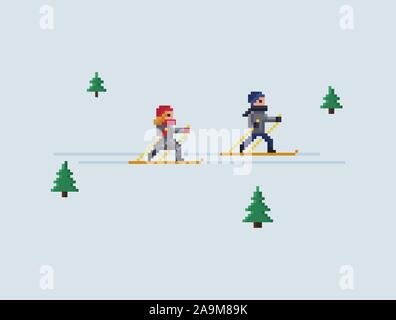 Pixel Art Vektor 8 Bit Illustration -Junge und Mädchen Skifahren Und weihnachtsbäume auf hellblauem Hintergrund Stock Vektor