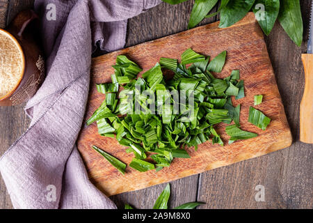 Schneiden, Spitzwegerich Blätter auf einem Tisch - Vorbereitung von pflanzlichen Sirup Stockfoto