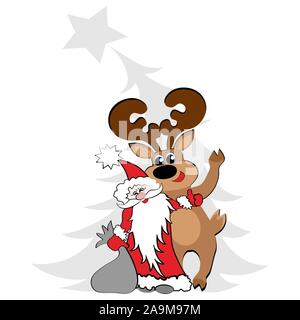 Platz, Fliesen, Postkarte - Santa Claus oder Der Weihnachtsmann Umarmungen ein Reh auf dem Hintergrund einer grauen Weihnachtsbaum, Weihnachten, Silvester, Urlaub Stock Vektor