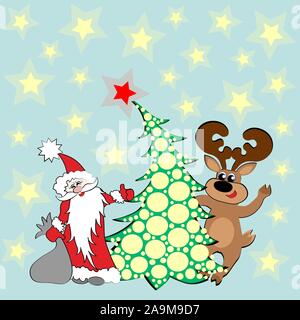 Santa Claus oder der Weihnachtsmann und Hirsche stehen ein Weihnachtsbaum geschmückt mit Gelb oder Gold Kugeln und einen roten Stern. Platz, Fliesen, Postkarte auf einem blauen Hintergrund Stock Vektor