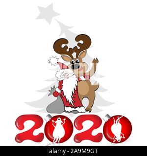 Platz, Fliesen, Postkarte - Santa Claus oder Der Weihnachtsmann Umarmungen ein Reh auf einem grauen Weihnachtsbaum Hintergrund, untere rote Zahlen 2020 mit Weihnachten Kugeln und weiße Mäuse Stock Vektor