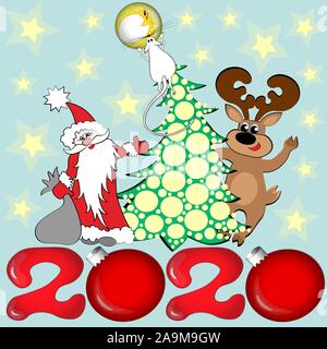 Santa Claus oder der Weihnachtsmann und ein Reh stehen ein Weihnachtsbaum geschmückt mit Gelb oder Gold Kugeln und einen roten Stern. Eine weiße Maus kletterte den Baum - ein Symbol des Jahres. Unten sind die roten Zahlen 2020. Stock Vektor