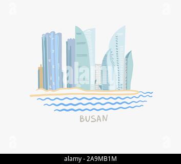 Moderne Gebäude Hochhäuser am Bahndamm in Busan, Südkorea Stock Vektor