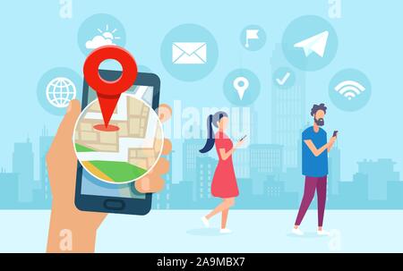 Der Vektor der Jugendlichen mit Smartphone Apps teilen Lage, chatten, im Internet surfen Stock Vektor