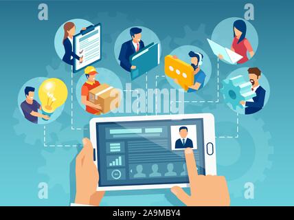 Online Business Management Konzept. Vektor eines Führers Geschäftsmann Holding eine Tablette, die Analyse und das Management Team von Mitarbeitern auf einer Konferenz v Stock Vektor