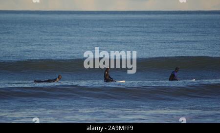 Drei Surfer in der Nordsee Auf einer Winter Abend. Strand von Aberdeen, Schottland, Großbritannien. Stockfoto