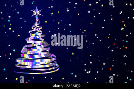 Weihnachtsbaum von Spectrum metallische Bänder auf Hintergrund der Stern Konfetti. 3D-Darstellung. Stockfoto