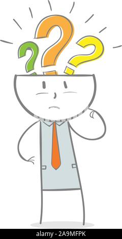 Doodle Strichmännchen: Zweifel Konzept. Geschäftsmann mit Fragen aus dem Kopf Stock Vektor