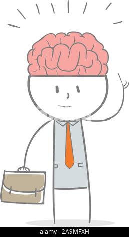 Doodle Strichmännchen: Business Mann mit Big Brain, ein Genie Geschäftsmann Metapher Stock Vektor
