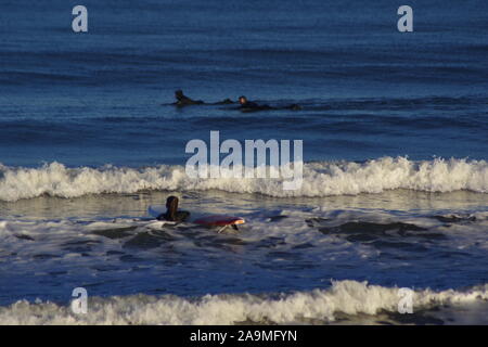 Drei Surfer in der Nordsee Auf einer Winter Abend. Strand von Aberdeen, Schottland, Großbritannien. Stockfoto