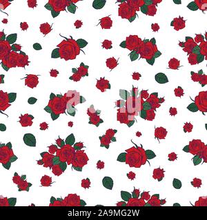Vektor verteilt rote Rosen und Blätter againts weißen Hintergrund nahtlose Muster. Perfekt für Gewebe, scrapbooking und Wallpaper Projekte. Stock Vektor