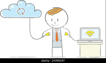 Doodle Strichmännchen: Geschäftsmann seinen Laptop zu einem Cloud System angeschlossen Stock Vektor